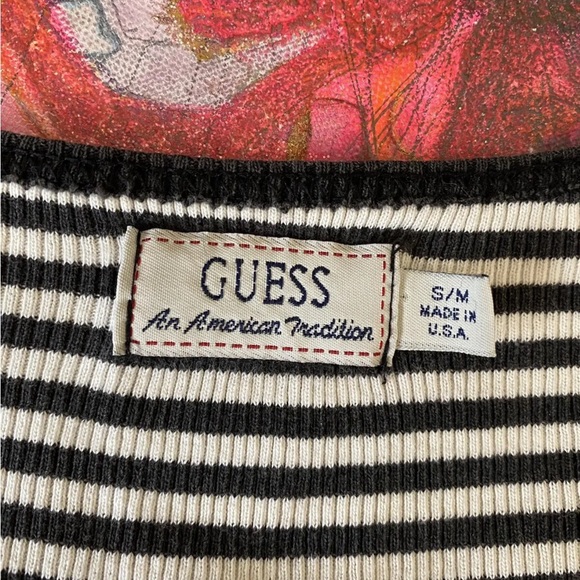 VINTAGE GUESS 90’s Y2K Grunge Black & White Striped Short Sleeve Crop Top - Picture 2 of 6